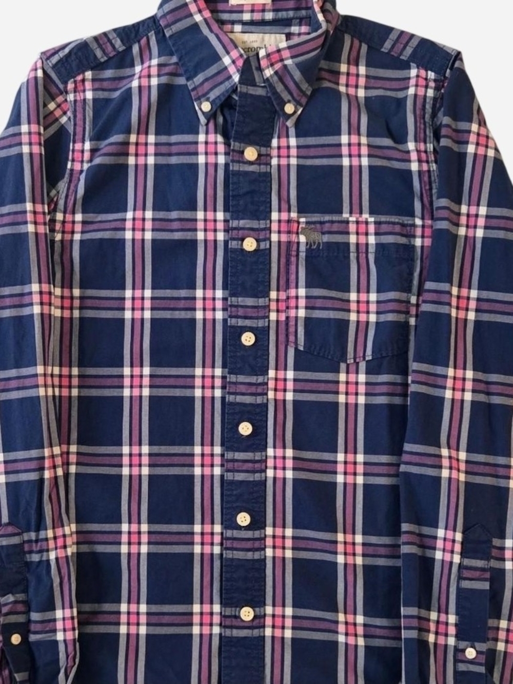 Abercrombie & Fitch Navy Plaid Button-Down Shirt with Pink Stripes